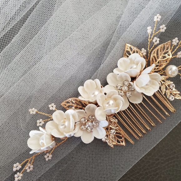 3pcs White Flower Bridal Headpiece Gold Comb Pin main image 8